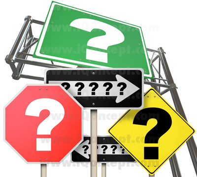 Many road signs featuring question marks symbolizing uncertainty